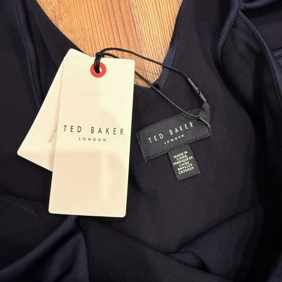NWT Ted Baker Size 6 Keomi Navy Waterfall Ruffle Satin Bias Cut Midi Dress TB 2 - Picture 3 of 13